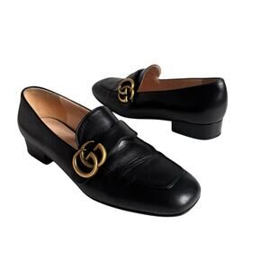 Gucci Malaga Marmont GG Black Leather Loafer Block Heel Square Toe Size EU 37.5